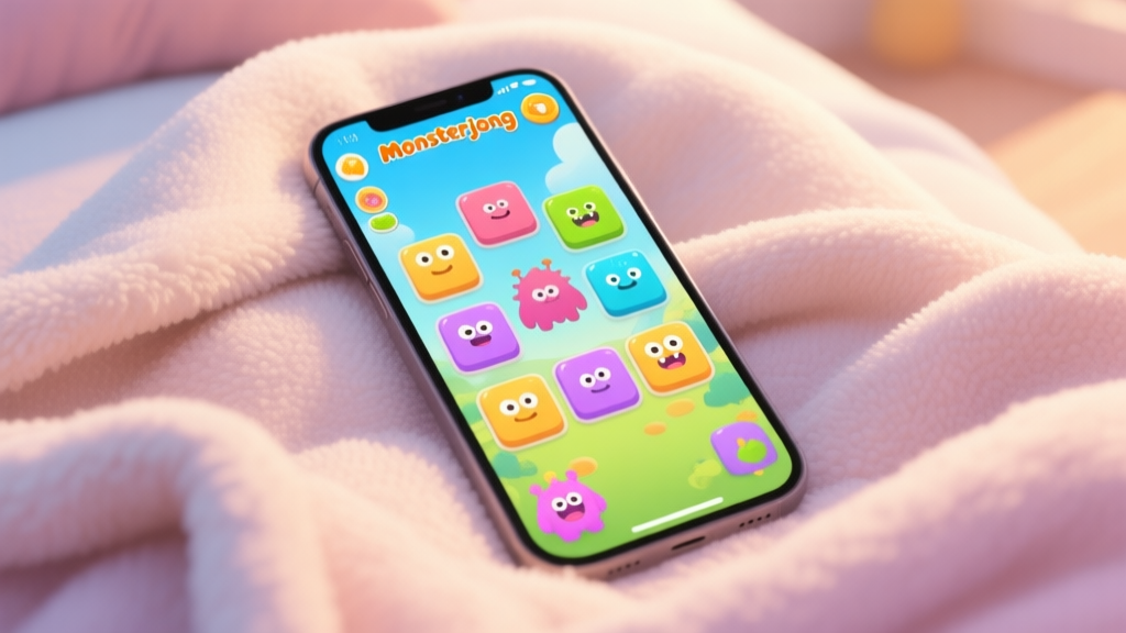 A cozy, inviting scene of a smartphone on a soft blanket, displaying the vibrant and colorful Monsterjong game interface with cute monster tiles, soft natural lighting, pastel color palette high quality illustration, detailed, 16:9