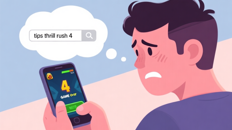 自动生成图片: A frustrated gamer looking at a game over screen on a mobile device, with a thought bubble showing a search bar with the words "tips thrill rush 4", in a soft pastel color palette high quality illustration, detailed, 16:9