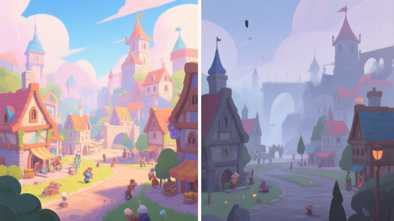 自动生成图片: A split-screen illustration showing a vibrant, active fantasy game town on one side and a quiet, melancholic version of the same town on the other, symbolizing the state of an aging game, soft pastel color palette high quality illustration, detailed, 16:9