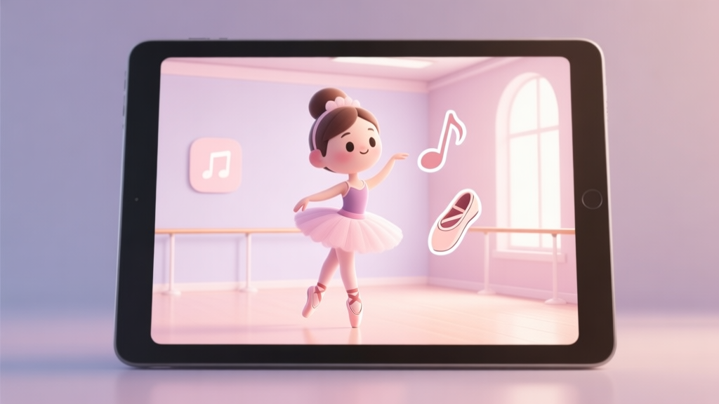 A soft, inviting illustration of a tablet screen showing a cartoon ballerina character in a pastel-colored dance studio, with simple icons of a music note and a ballet shoe floating beside it, gentle lighting high quality illustration, detailed, 16:9