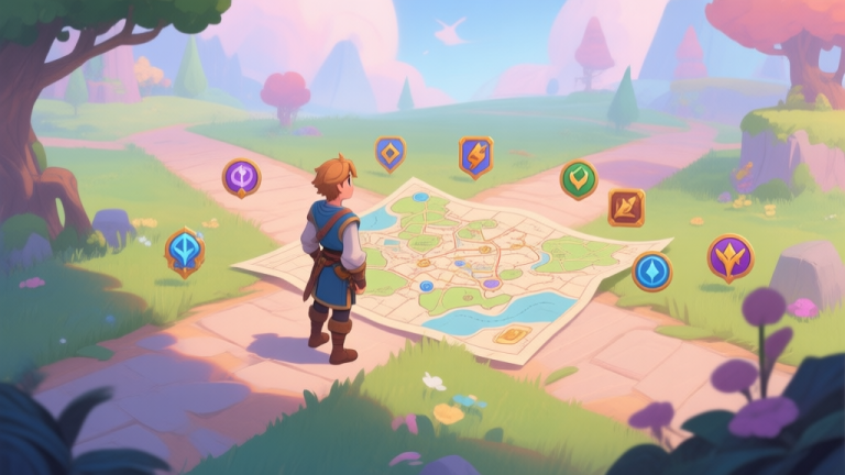 自动生成图片: A new player character standing at a crossroads in a vibrant fantasy game world, looking at a complex map and multiple quest icons, soft pastel color palette, feeling of wonder and slight confusion high quality illustration, detailed, 16:9