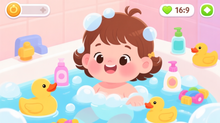 自动生成图片: A cheerful and colorful mobile game screenshot style illustration of a cartoon baby girl with brown hair in a bubble bath, surrounded by rubber ducks, soap bottles, and toys, with a simple user interface showing tap icons, pastel color scheme high quality illustration, detailed, 16:9