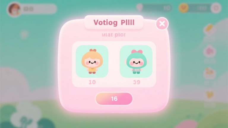自动生成图片: A serene, pastel-colored game interface showing a stylized voting poll with two cute character options, soft glow effects, minimalist design, light pink and mint green color palette high quality illustration, detailed, 16:9