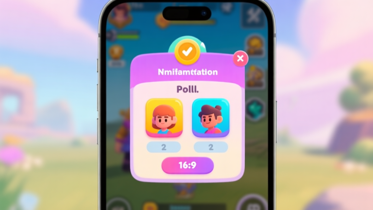 自动生成图片: A vibrant, stylized in-game notification pop-up on a mobile screen, showing a colorful poll with two character options, set against a blurred game background, using a soft pastel color palette high quality illustration, detailed, 16:9