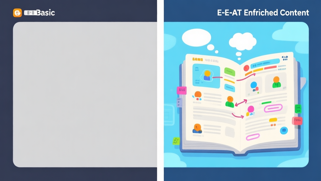 A split-screen illustration showing a generic, bland game guide on one side versus a vibrant, detailed guide with player annotations and thought bubbles on the other, symbolizing the difference between basic and E-E-A-T enriched content, using a soft color palette of blues and greys high quality illustration, detailed, 16:9