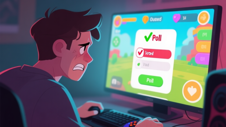 自动生成图片: A frustrated gamer looking at a colorful in-game poll interface on a screen, with one option vastly outvoted, soft lighting, muted colors high quality illustration, detailed, 16:9
