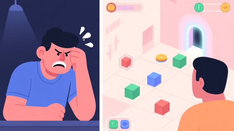 自动生成图片: A split-screen illustration showing a frustrated player on the left and a calm, analytical player on the right observing game elements like buttons, boxes, and portals in a minimalist puzzle game scene, soft pastel colors high quality illustration, detailed, 16:9