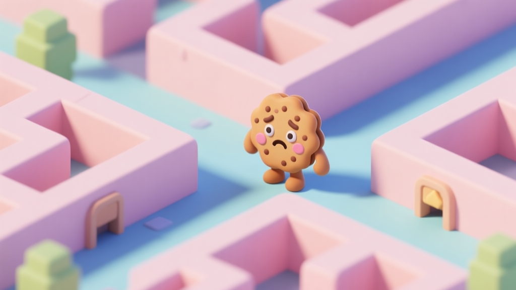 A cute cookie character looking confused at a crossroads in a pastel-colored maze, soft shadows, isometric view, 3D render, cozy game aesthetic high quality illustration, detailed, 16:9