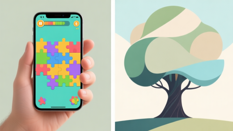 自动生成图片: A split-screen image showing a hand holding a smartphone with a colorful puzzle game on one side, and on the other side, an abstract illustration of a tree of knowledge with soft, muted colors like sage green, beige, and light blue high quality illustration, detailed, 16:9