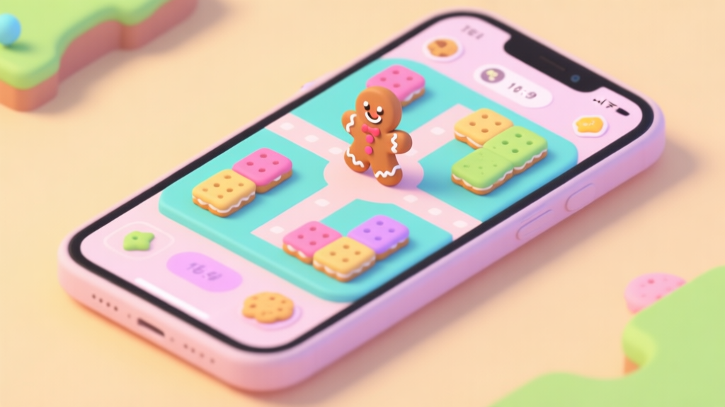 A vibrant, isometric view of a colorful cookie maze game level on a mobile phone screen, featuring a cute gingerbread character at a crossroads, soft pastel colors, clean UI, inviting and playful atmosphere high quality illustration, detailed, 16:9