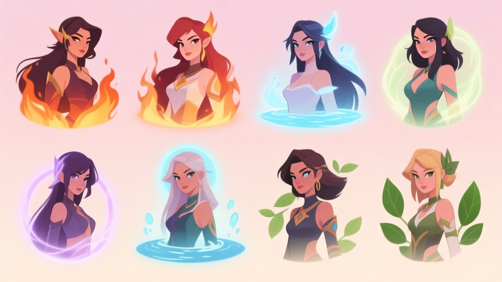A soft, illustrated collage featuring diverse stylized female game characters, each subtly surrounded by different elemental auras like fire, water, and leaves, on a pastel background high quality illustration, detailed, 16:9