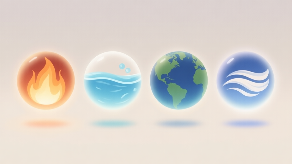 A serene, minimalist illustration of four floating orbs representing fire, water, earth, and wind elements, with soft glows and gentle color gradients, on a light neutral background high quality illustration, detailed, 16:9