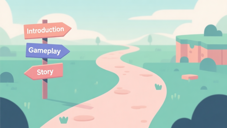 自动生成图片: A minimalist illustration of a winding path through a video game landscape, with clear signposts labeled "Introduction", "Gameplay", "Story", "Verdict". Soft pastel colors, clean lines, flat design style. high quality illustration, detailed, 16:9