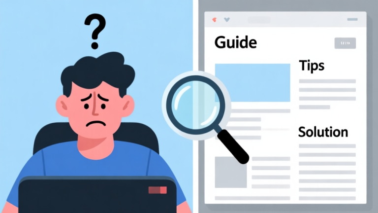 自动生成图片: A split-screen illustration showing a frustrated gamer on the left with a question mark above their head, and on the right, a clear, well-organized article with headings like "Guide", "Tips", and "Solution", connected by a magnifying glass in the center analyzing the intent. Soft blue and grey color scheme. high quality illustration, detailed, 16:9