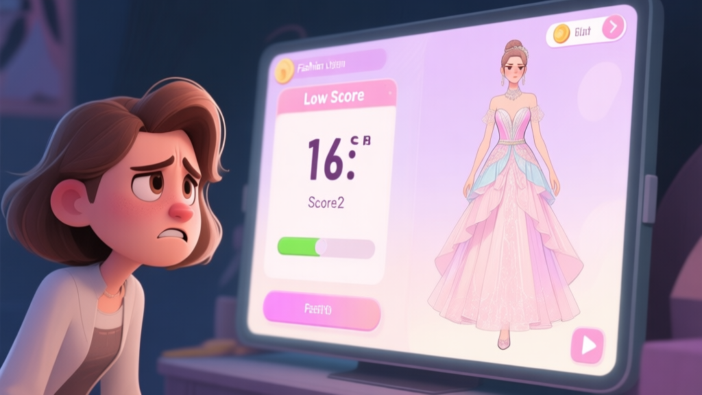 A frustrated game character looking at a low score on a fashion design game screen, with a beautifully designed dress on the avatar, soft pastel color palette, digital art style high quality illustration, detailed, 16:9