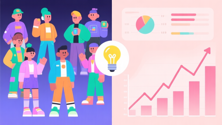 自动生成图片: A split-screen illustration showing a vibrant game community on one side with avatars in diverse digital outfits, and analytical charts with rising trend lines on the other, connected by a central lightbulb icon, soft pastel color scheme high quality illustration, detailed, 16:9