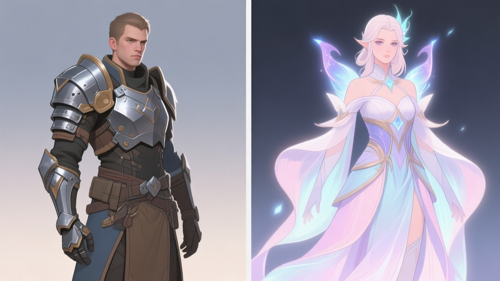 Side-by-side comparison of two distinct video game character dress designs, one realistic and functional with armor plates, the other fantastical with flowing fabrics and magical glow, soft pastel color palette, clean illustration style high quality illustration, detailed, 16:9