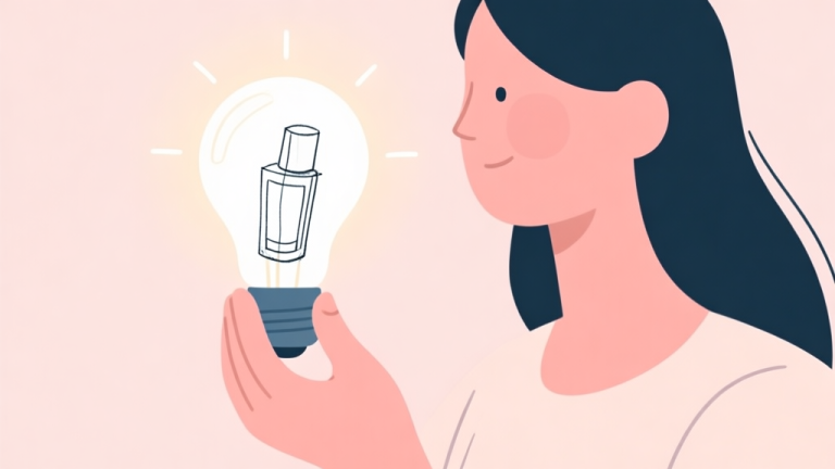 自动生成图片: A serene, minimalist illustration of a person holding a lightbulb with a cosmetic product sketch inside, soft pastel background, flat design style, representing the moment of idea generation high quality illustration, detailed, 16:9