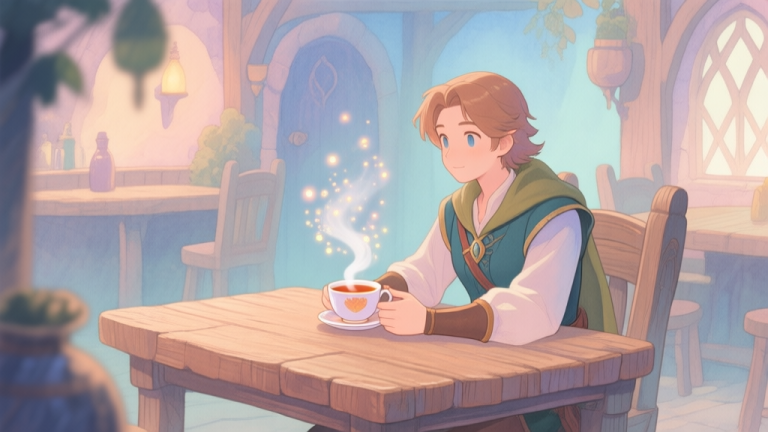 自动生成图片: A serene game scene showing a character sitting at a wooden table in a fantasy tavern, holding a steaming cup of tea with gentle glowing particles rising from it, soft watercolor style, pastel colors high quality illustration, detailed, 16:9