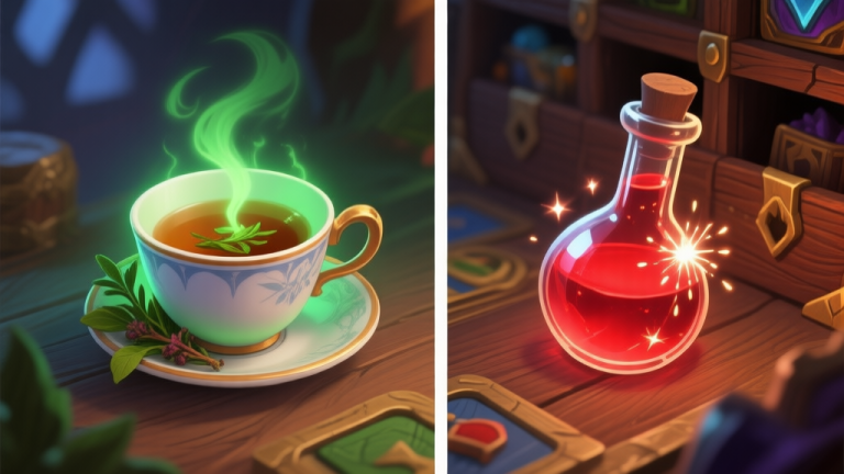 自动生成图片: Side-by-side comparison of two fantasy game items: a steaming herbal tea in a porcelain cup with green healing aura, and a glowing red potion in a glass vial with sparkles, on a wooden game inventory background, soft lighting high quality illustration, detailed, 16:9