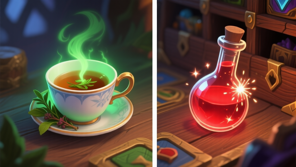 Side-by-side comparison of two fantasy game items: a steaming herbal tea in a porcelain cup with green healing aura, and a glowing red potion in a glass vial with sparkles, on a wooden game inventory background, soft lighting high quality illustration, detailed, 16:9