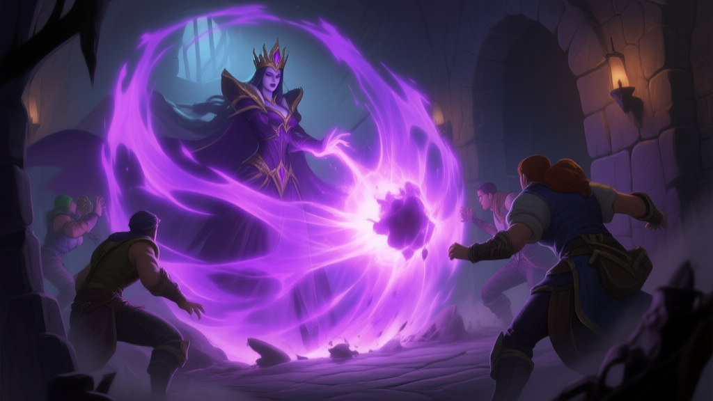 A dramatic scene in a fantasy game dungeon, the Queen boss casting a massive area-of-effect spell with glowing purple energy, party members bracing for impact, soft lighting and muted colors high quality illustration, detailed, 16:9