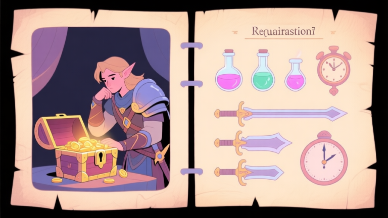 自动生成图片: A split-screen illustration showing a fantasy warrior contemplating a treasure chest on one side, and on the other side, a list of required potions, weapons, and a clock, all in a soft pastel color palette with a parchment-like background high quality illustration, detailed, 16:9
