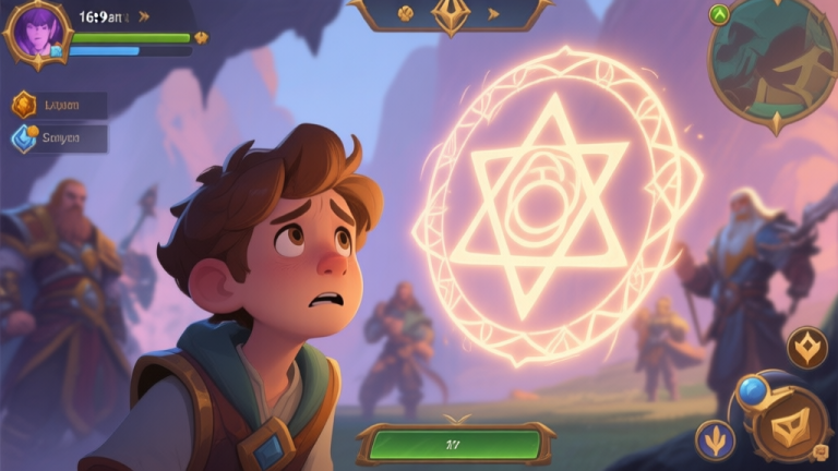 自动生成图片: A confused new game character looking at a glowing, cryptic symbol floating in a fantasy game interface, with other experienced players in the background, soft fantasy color palette high quality illustration, detailed, 16:9