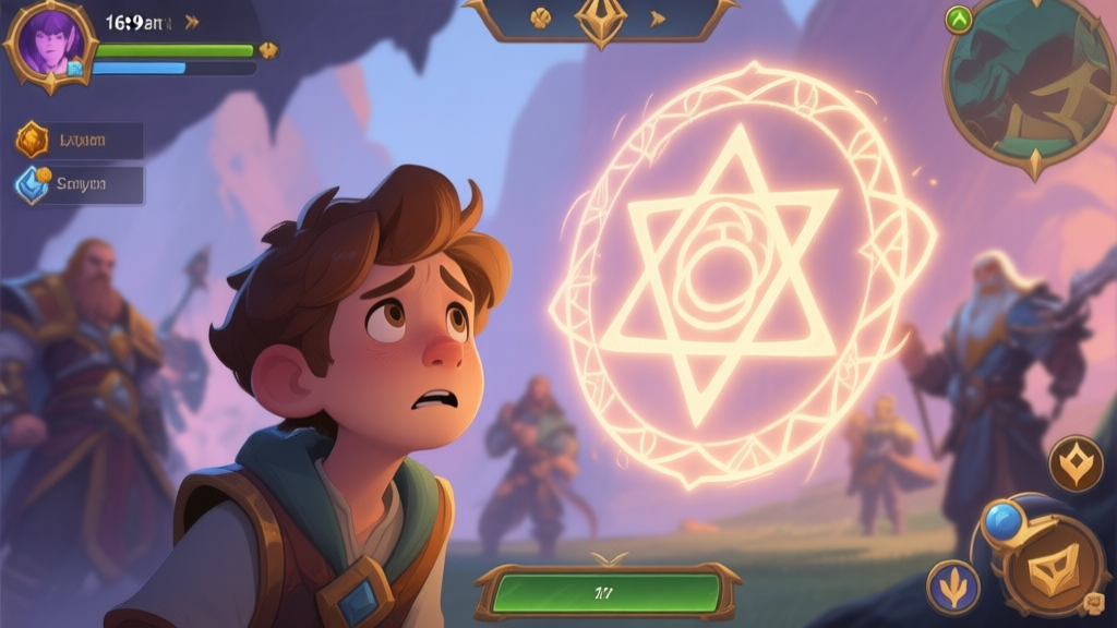 A confused new game character looking at a glowing, cryptic symbol floating in a fantasy game interface, with other experienced players in the background, soft fantasy color palette high quality illustration, detailed, 16:9