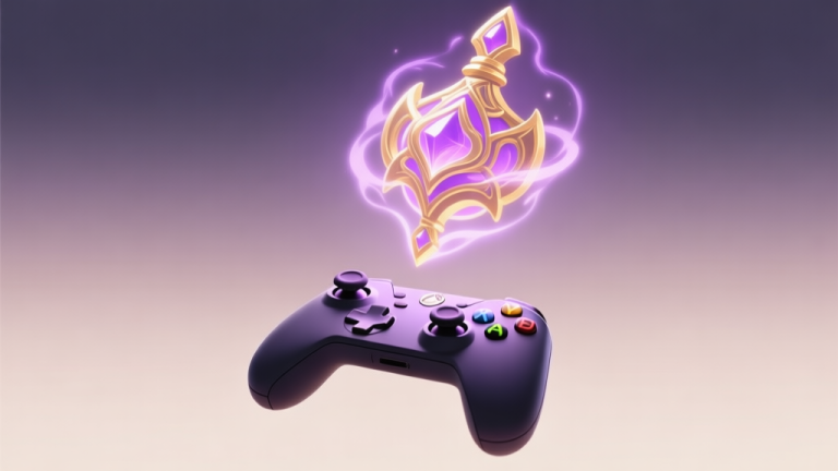 自动生成图片: A glowing, intricate magical artifact with soft purple and gold energy floating above a game controller, minimalist style, soft gradient background high quality illustration, detailed, 16:9