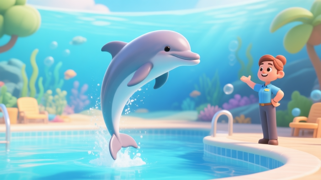 A vibrant and serene 3D render of a cartoon dolphin performing a graceful jump in a sunny aquarium pool, with a friendly trainer at the side, in a cheerful mobile game art style, soft colors high quality illustration, detailed, 16:9