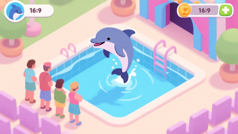 自动生成图片: A welcoming and colorful game interface of a dolphin show management game, showing a happy dolphin jumping out of water in a small but clean pool, with a few visitors watching, soft pastel color scheme, isometric view high quality illustration, detailed, 16:9