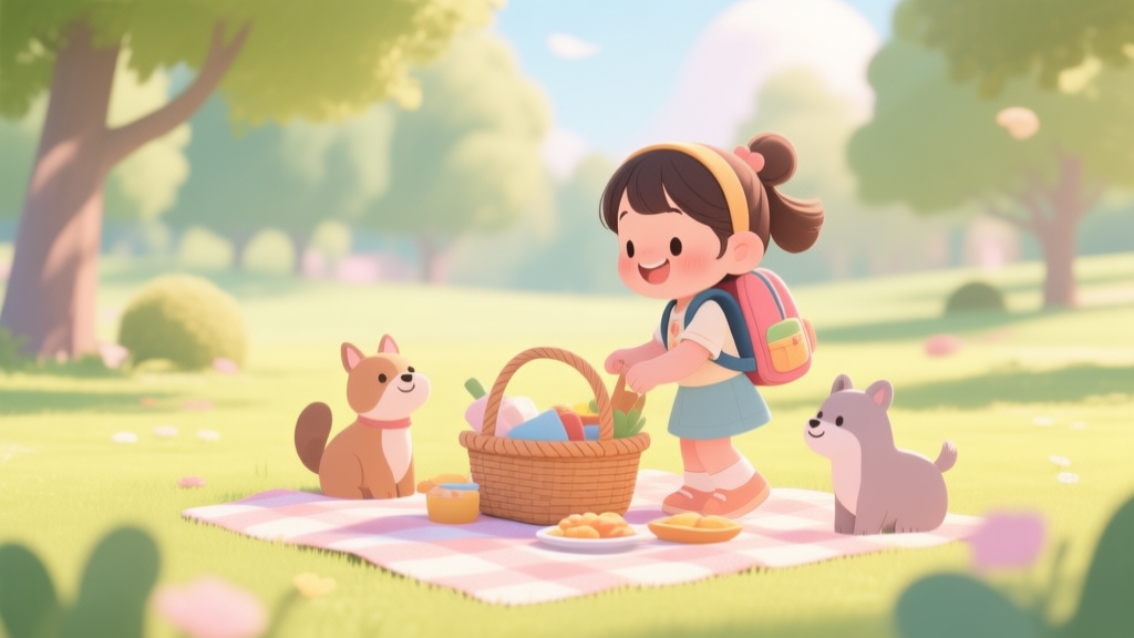 A cheerful, cartoon-style scene of a little girl with a backpack preparing for a picnic in a sunny park, with a basket, blanket, and friendly animals nearby, soft pastel colors, inviting and warm atmosphere high quality illustration, detailed, 16:9