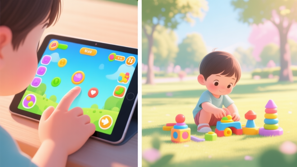 A split-screen image showing a child's hand touching a tablet with a colorful game interface on one side, and the same child playing with physical toys in a sunny park on the other side, soft pastel colors, gentle lighting high quality illustration, detailed, 16:9