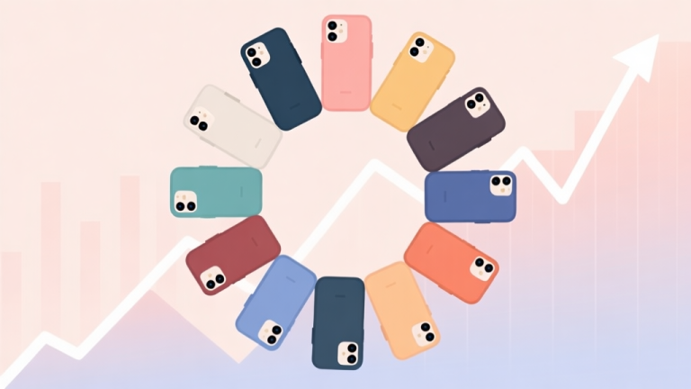 自动生成图片: A modern, minimalist infographic showing a diverse array of smartphone cases arranged in a circle, with subtle upward trending graphs in the background, soft pastel color palette high quality illustration, detailed, 16:9