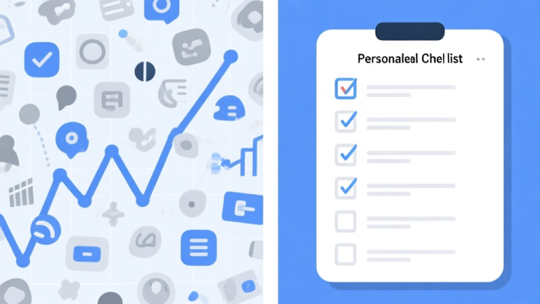 自动生成图片: A split-screen illustration showing on one side a chaotic chart with many icons and on the other side a clear, personalized checklist, in a flat design style with soft blues and grays high quality illustration, detailed, 16:9