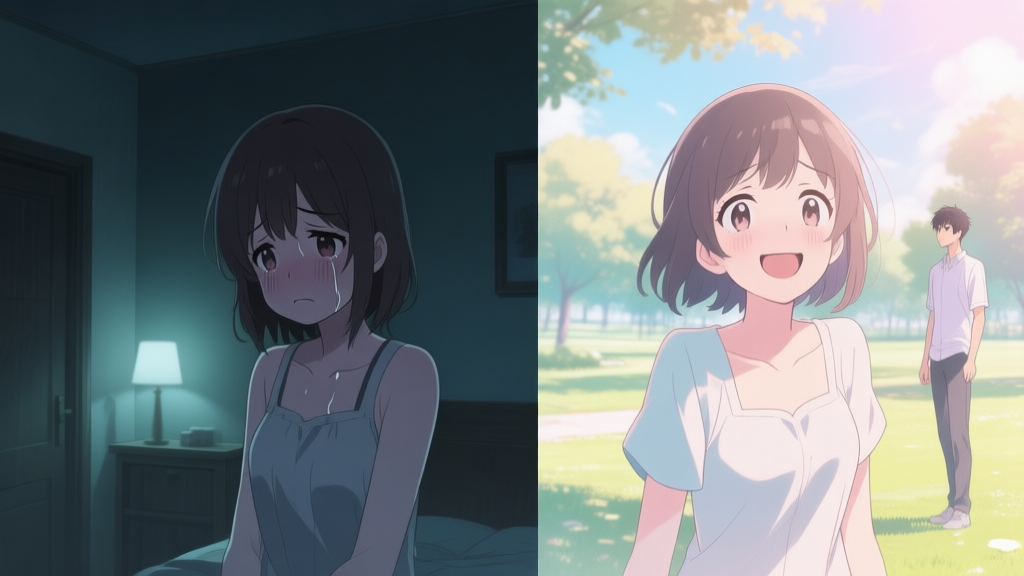 A split-screen image showing two contrasting scenes from a visual novel. Left side: a sad female character in a dimly lit room. Right side: the same character smiling brightly with a male character in a sunny park, soft pastel anime art style high quality illustration, detailed, 16:9