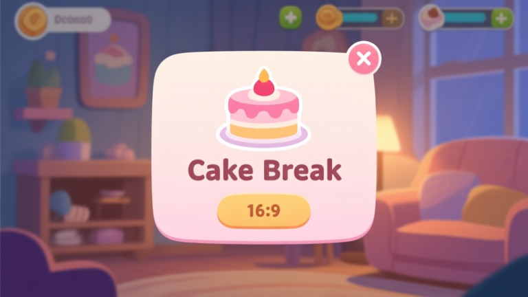 自动生成图片: A cozy, inviting scene of a digital game interface with a pop-up window showing a stylized cake icon and the words "Cake Break", soft pastel colors, warm lighting, flat illustration style high quality illustration, detailed, 16:9