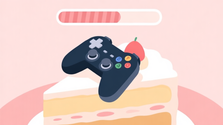 自动生成图片: A serene, minimalist illustration of a game controller resting on a slice of cake with a progress bar in the background, soft pastel colors, flat design style high quality illustration, detailed, 16:9