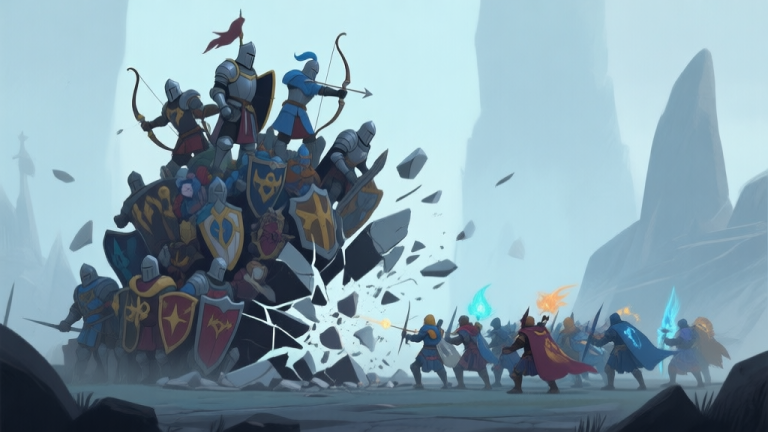 自动生成图片: A stylized, slightly melancholic game scene showing a large stack of diverse fantasy units (knights, archers, mages) being shattered by a much smaller, focused group of enemy units, soft color palette with muted blues and greys high quality illustration, detailed, 16:9