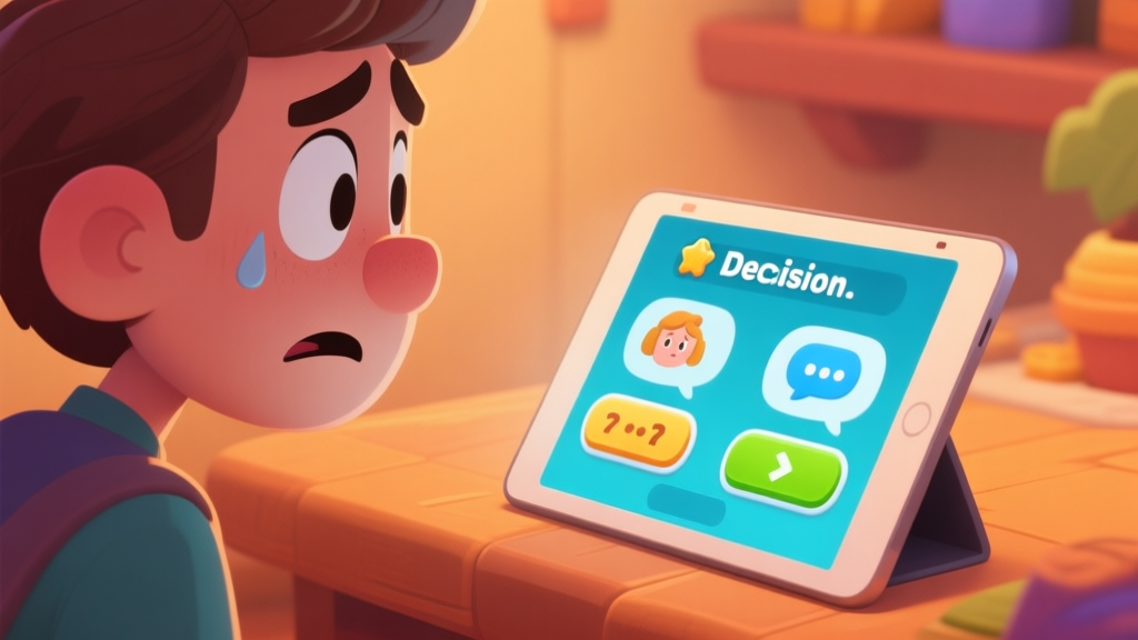 A stylized, warm-toned game scene showing a concerned character looking at a decision prompt on a tablet screen, with two distinct dialogue choices visible, in a friendly cartoon style high quality illustration, detailed, 16:9