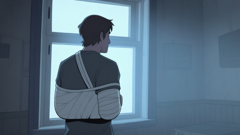 自动生成图片: A stylized, somber game scene showing a character with a bandaged arm in a sling, looking out a window in a dimly lit room. Soft, muted color palette with hints of blue and grey, evoking a sense of consequence and narrative weight. high quality illustration, detailed, 16:9