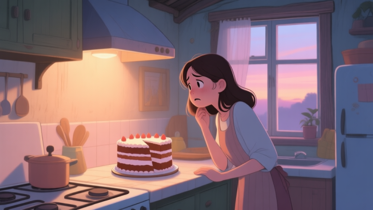 自动生成图片: A warm, inviting illustration of a humble home kitchen at dusk, with a nervous young woman looking at a lopsided layered cake on the counter, soft light from the window, pastel colors, cozy atmosphere high quality illustration, detailed, 16:9