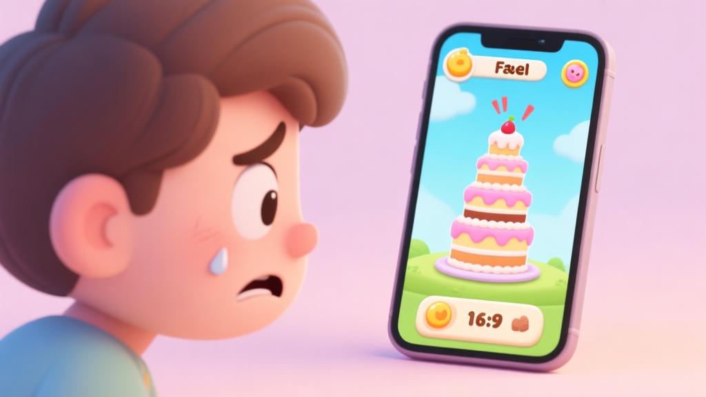 A frustrated player looking at a mobile screen showing a failed cake stack level in a cute cooking game, soft pastel colors, cartoon style high quality illustration, detailed, 16:9