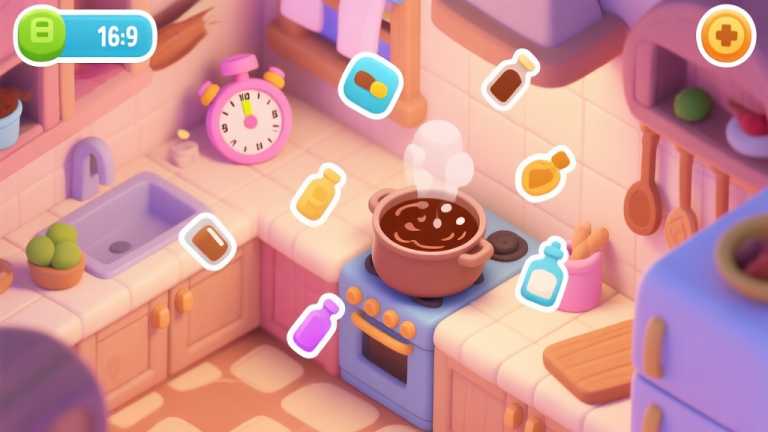 自动生成图片: A stylized, top-down view of a cozy game kitchen with a timer counting down, a bubbling chocolate pot, and multiple ingredient icons floating, in a warm and slightly chaotic pastel color scheme high quality illustration, detailed, 16:9