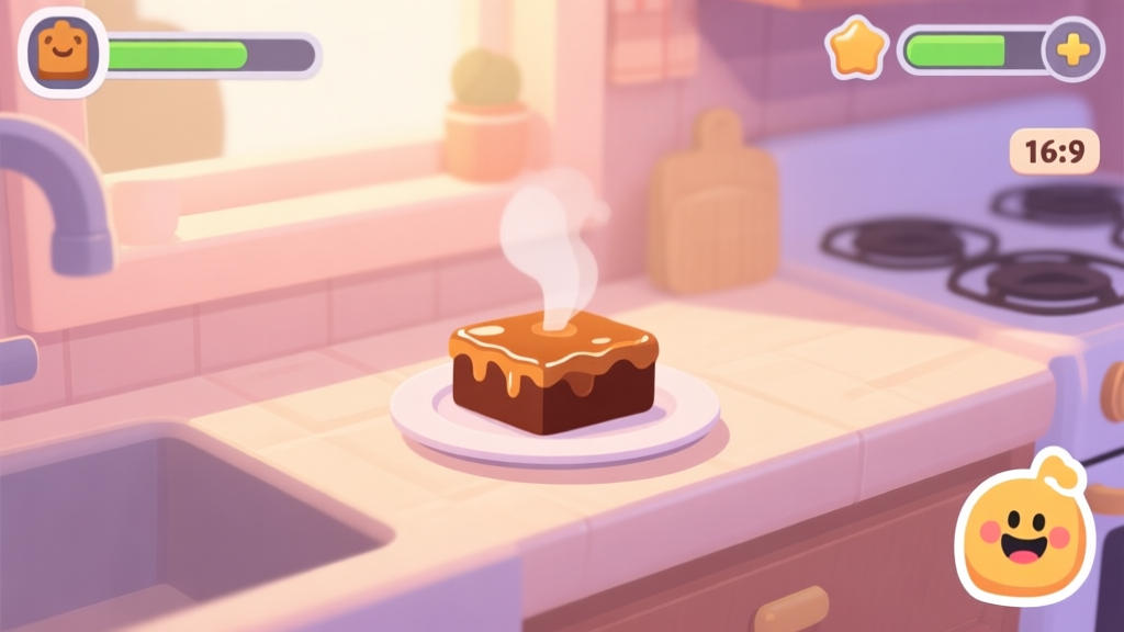 A cozy, inviting game scene of a virtual kitchen counter, with a perfectly baked caramel brownie on a plate, steam rising gently. Soft pastel colors, warm lighting, and subtle game UI elements like a progress bar and a happy character icon in the corner, flat illustration style high quality illustration, detailed, 16:9