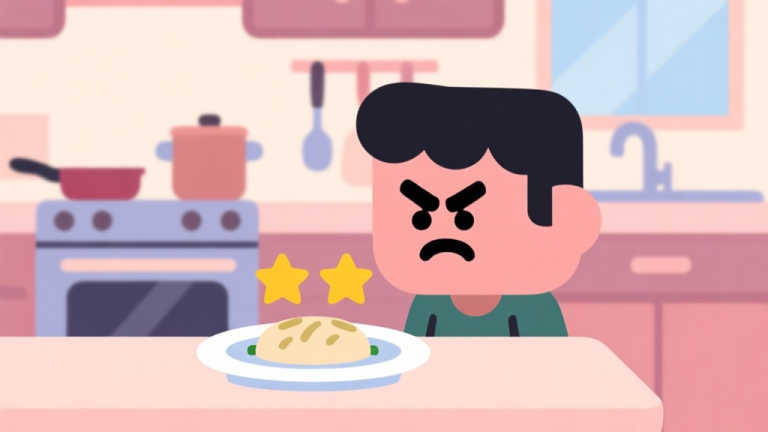 自动生成图片: A stylized, slightly frustrated game character in a kitchen looking at a dish with 2 stars, soft pastel colors, flat design, clean lines high quality illustration, detailed, 16:9