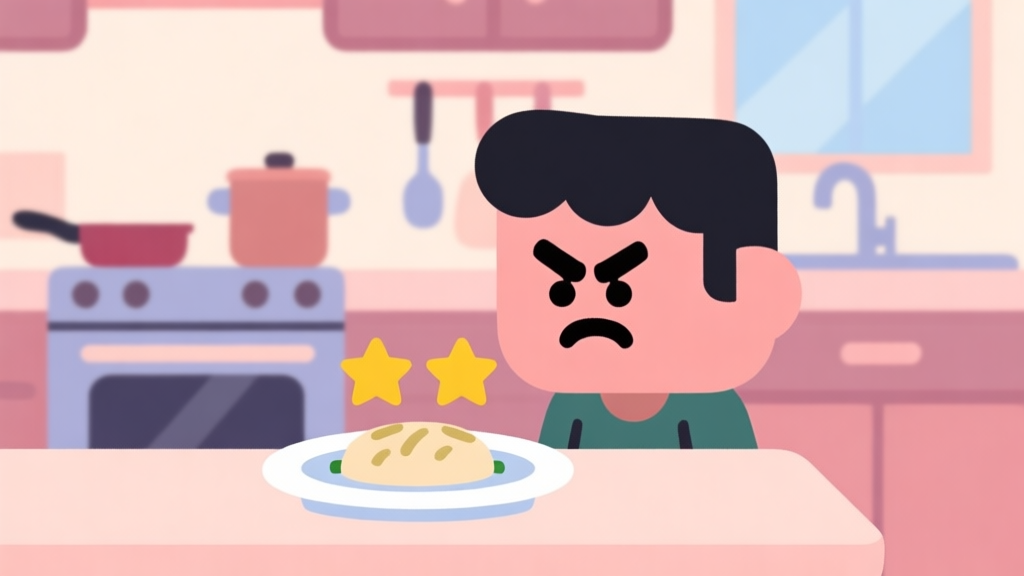 A stylized, slightly frustrated game character in a kitchen looking at a dish with 2 stars, soft pastel colors, flat design, clean lines high quality illustration, detailed, 16:9