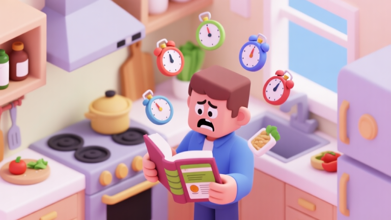 自动生成图片: A frustrated game character in a kitchen, looking at a complex recipe book with multiple timers and ingredients floating around, soft pastel color palette, isometric view high quality illustration, detailed, 16:9