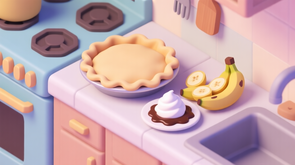 A top-down view of a virtual kitchen counter with a pie crust, sliced bananas, whipped cream, and chocolate sauce neatly arranged, soft pastel colors, isometric game art style high quality illustration, detailed, 16:9